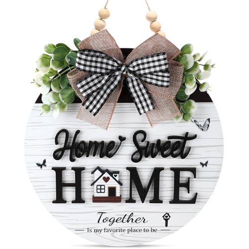 Home Sweet Home Sign, Wooden Welcome Sign for Front Door, 3D Farmhouse Porch Decor Hanging with Rustic Beads, Outdoor Wall Decor Welcome Hanger for All Season (White) - color: white