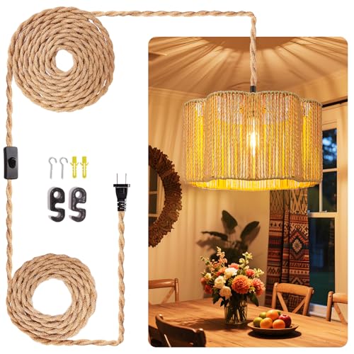 Hanging Lamps Rattan Pendant Light Hanging Lights 16.4ft Plug in Cord Pendant Light Fixture Plug Into Wall Outlet Pendant Lighting with On Off Switch for Bedroom Living (Cylindrical Flower Shade) - size: 12.6 Inch - Flower Shade