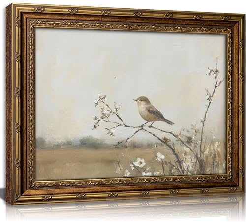 Vintage Gold Framed Bird Wall Art Spring Songbird on Floral Branch Painting Canvas Rustic Nature Woodland Picture Wall Decor Muted Farmhouse Print Artwork For Living Room Bedroom Entryway - color: Flower Bird, size: 24"L x 16"W