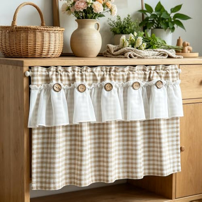 Beige Gingham Checkered Kitchen Short Curtain with Ruffle & Wooden Buttons - size: 39"W x 20"L (Pack of 1)