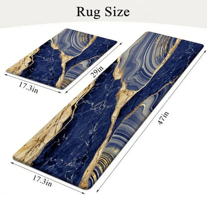 Kitchen Mats Set of 2, Cushioned Anti Fatigue Non Slip Waterproof Runner, Blue Marble and Golden Veins Design, PVC Memory Foam for Kitchen Sink and Laundry - color: Blue Marble 1