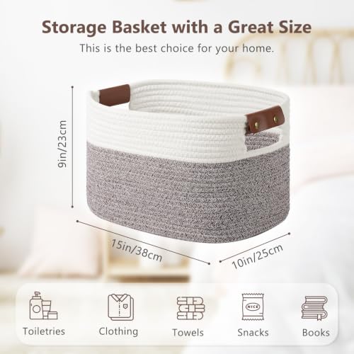 ECDYQXVU 15x10x9 Woven Cotton Rope Storage Basket, Leather Handles 1 Pack - color: White/Brown-1 Pack, size: 1 Pack