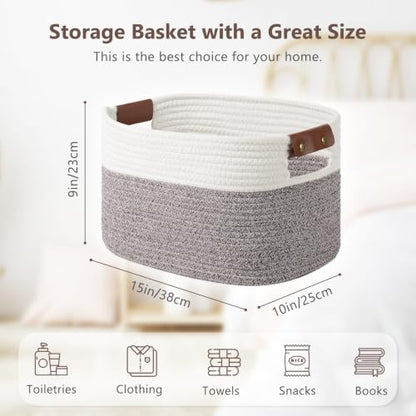 ECDYQXVU 15x10x9 Woven Cotton Rope Storage Basket, Leather Handles 1 Pack - color: White/Brown-1 Pack, size: 1 Pack