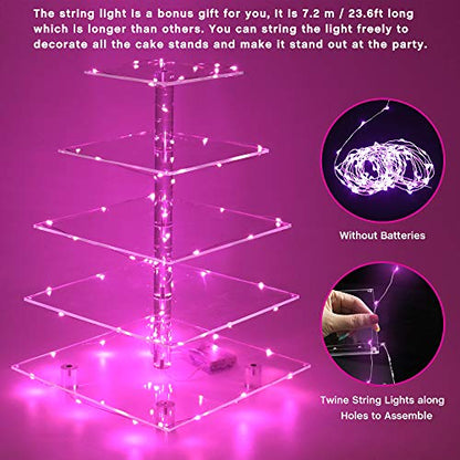 YestBuy Cupcake Stand with Pink Lights, Cupcake Tower Stand for 60 Cupcakes - color: Pink, size: 5 Tier Square