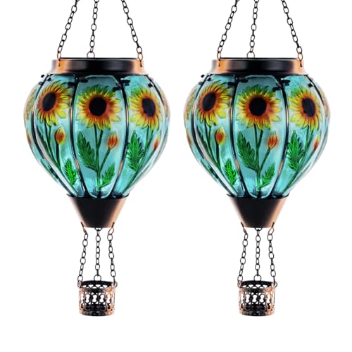 Starsoul 2 PC Sunflowers Hot Air Balloon Solar Lantern with Flame Glass Hanging Outdoor Hot Air Balloon Solar Light Waterproof Garden Patio Yard Party Decorations - color: Sunflower-2 PC