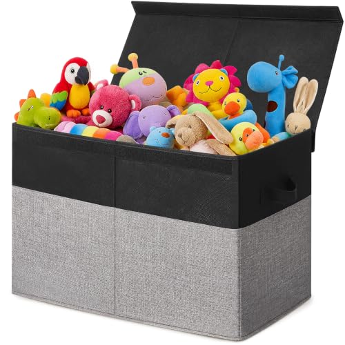 INDRESSME 85L Large Toy Storage Box with Lid Collapsible Organizer Bin - color: Black & Grey, size: 25"x13"x16"