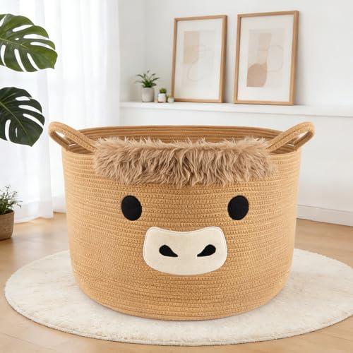 Large Highland Cute Cow Basket for Nursery,Laundry Blanket Gift Basket - color: Brown, size: 23"D ×13 "H
