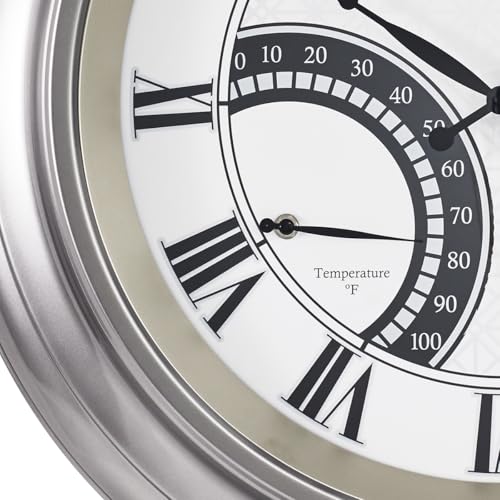 ANDY STAR 24 Inch Outdoor Clocks Waterproof,Large Outdoor Wall Clocks for Garden Patio Pool, Weatherproof Illuminated Metal Clock Battery Operated with Thermometer&Hygrometer, Silver Non Ticking - color: Silver