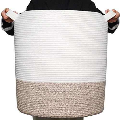 MINTWOOD Design 83L Extra Large 20x18 Inches Decorative Woven Cotton Rope Basket, Tall Laundry Basket Hamper, Blanket Basket for Living Room, Round Storage Baskets for Pillows, Towels, Light Brown