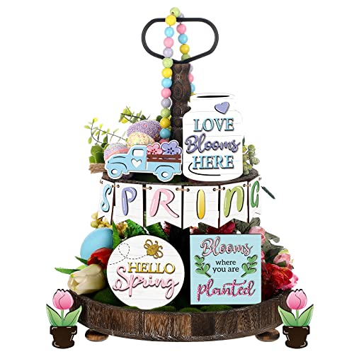 Patelai Spring Tiered Tray Decor Set Wooden Pastel Hello Spring Decor Truck Tulip Flower Table Signs Rustic Farmhouse Tiered Tray Decoration for Home Tabletop Living Room Kitchen Decorations - style: Spring