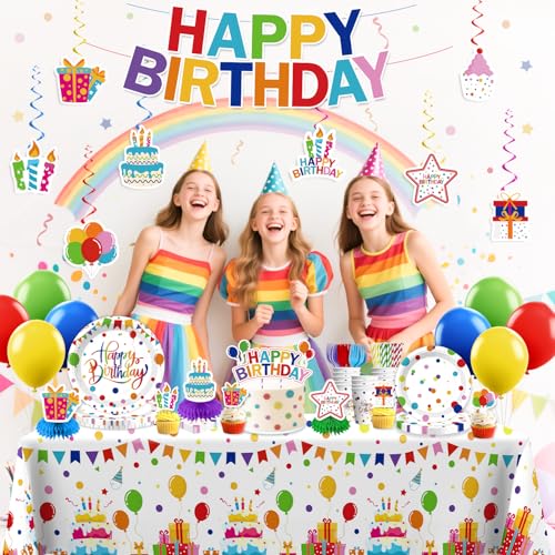 Xynic 214 Pcs Colorful Birthday Decorations Girl Tableware Set, Serves 25