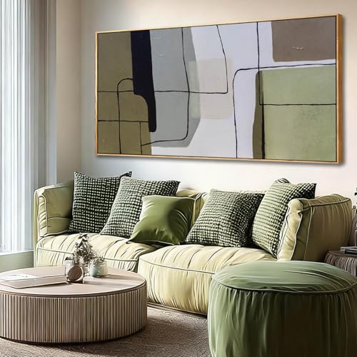 Neutral Beige and Green Modern Abstract Wall Art 24x48 Inch, Large Minimalist Canvas Painting with Wood Frame, Framed Wall Art for Living Room, Bedroom, and Office Decor - color: Green, size: 48"L x 24"W