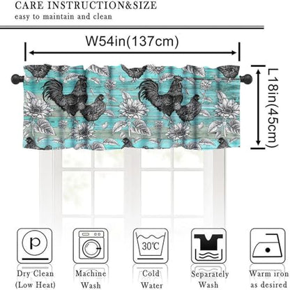 Rustic Farmhouse Chicken Valance Curtains, Retro Rooster Teal Blue Old Barn Door Farm Sunflower Small Short Window Curtain for Kitchen Dining Room Living Room, 54x18Inch - color: Chicken-8