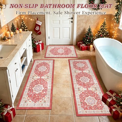 Red Christmas Kitchen Rugs Set of 3 Boho Washable Kitchen Floor Mats - color: Xmas Red, size: 20"x32"+20"x48"+20"x59"