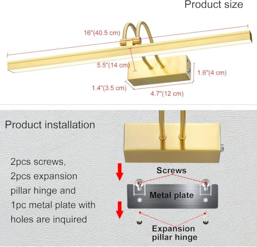 Wireless Picture Light Rechargeable, 16", Brass - color: Brass, size: 16 inches