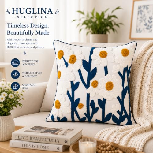 Selection Ivory White Woven Embroidered Throw Pillow, 18x18 Inch Decorative Pillow with Insert Included, Modern Blue Floral Embroidery, Hidden Zipper, Farmhouse Boho Couch Sofa Bed Pillow