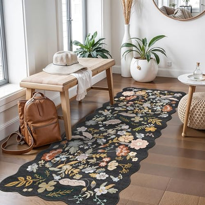 2x5 Rug Runner Non-Slip Washable: Scalloped Floral Small Entryway Rug Black - color: Black, size: 2' x 5' (Runner)