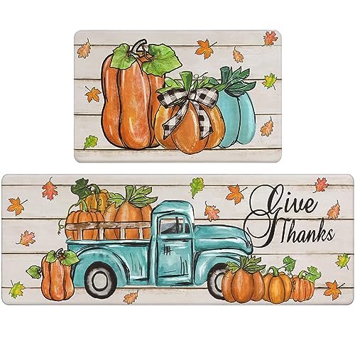 Pauwer Fall Kitchen Rugs Set of 2, Pumpkin Truck Anti Fatigue Kitchen Mat - color: Blue Truck