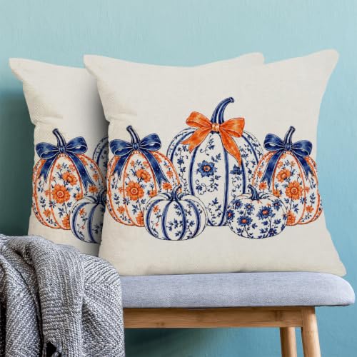 BETGINY Fall Throw Pillow Covers 18x18 Inch 2Pcs Blue Chinoiserie Pumpkins - color: Burnt Orange Blue White, size: 18" x 18" (Pack of 2)