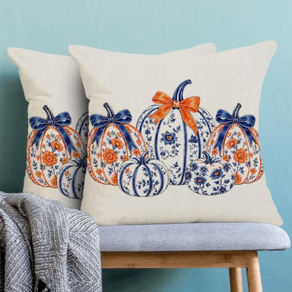 BETGINY Fall Throw Pillow Covers 18x18 Inch 2Pcs Blue Chinoiserie Pumpkins - color: Burnt Orange Blue White, size: 18" x 18" (Pack of 2)