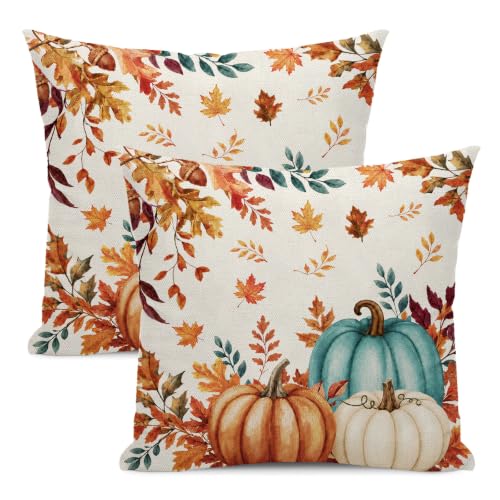Fall Decor Pillow Covers 18x18 Set of 2 Blue Orange Pumpkin Leaves Decorative Throw Pillow Covers Outdoor Autumn Thanksgiving Maple Leaf Pillowcase Farmhouse Square Cushion Case for Couch Sofa - color: Orange Blue- Pumpkin Leavse, size: 18" x 18" (Pack of