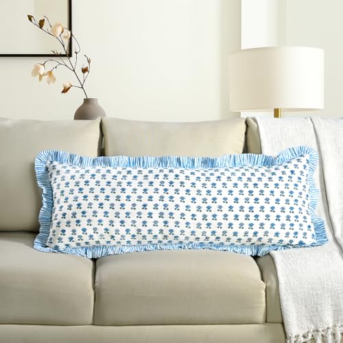 CPC Arctic Blue Block Print Ruffle Sham Pillow Cover 14x36 Inch, Pack of 1 - color: Arctic Blue, size: 36" x 14" (Pack of 1)