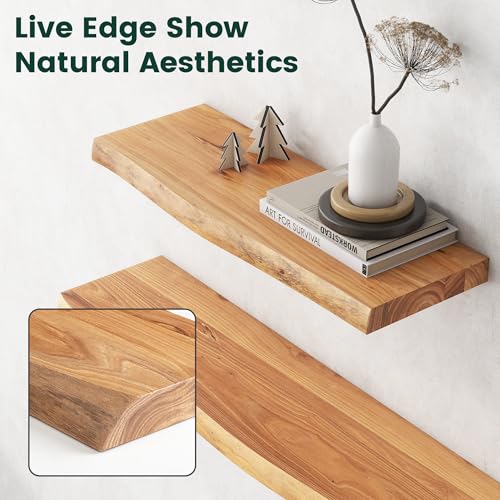 72in Live Edge Solid Elm Floating Shelves, Natural, Set of 1 - color: Natural Color, size: Live Edge 72 inch, 1Pack
