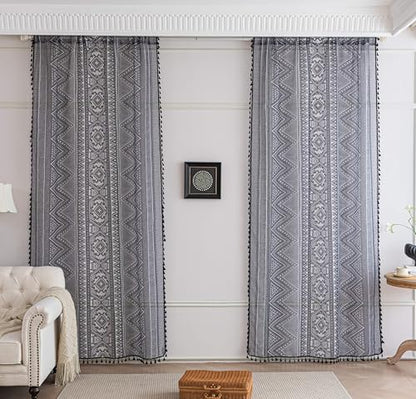 Black Geometric Sheer Curtains 54 inch Long, Fringed Edges and Textured Semi Sheer Curtains Large Window Treatments for Living Room/Bedroom, 2 Panels - color: Black Geometry, size: 52"W x 54"L (Pack of 2)