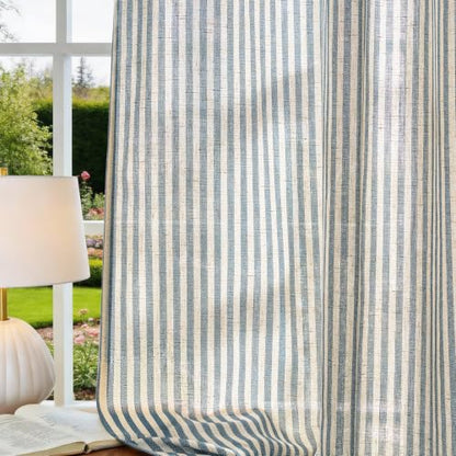Vangao Linen Striped Curtains for Living Room Bedroom Farmhouse - color: Boxter Striped| Blue on Beige, size: 50"W x 63"L (Pack of 2)