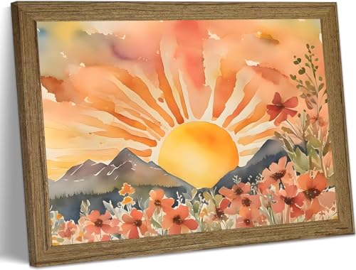 Boho Sunset Wall Art Framed Canvas, Modern Abstract Sun Wall Decor Picture, Floral Landscape Aesthetic Painting for Living Room Bedroom Home Office 8x10 Inch - color: Sunset, size: 10"L x 8"W