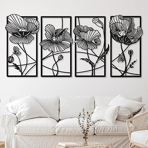 4 Pcs Black Metal Flower Wall Art Minimalist Floral Decor, Elegant - style: Elegant