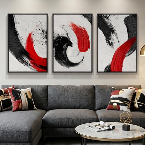 Large Framed Red Black White Abstract Wall Art for Living Room, 3 Piece - color: Black White and Red, size: 24" W x 36" H x 3Pcs