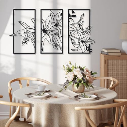 Therwen Black Metal Wall Art Minimalist Floral Hanging, Classic Style - style: Three Flower