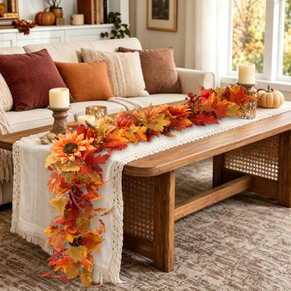 Fall Garland for Mantle, Thanksgiving Autumn Leaves Garlands for Decoration - size: 6 Ft Fall Garland
