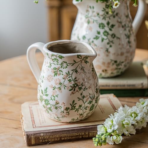 Vintage White and Green Floral Ceramic Vase with Handle, Retro Ice Glazed Crack Farmhouse Pitcher Vase for Home Decor, Living Room, Shelf, Office, Rustic Table Centerpiece 6 Inch - color: Green and White, size: Small Pitcher