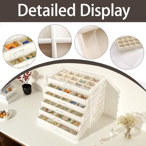 Watpot Acrylic Jewelry Box Organizer and Storage 6 Drawer for Earring Display Tray - color: Beige 6 Layers