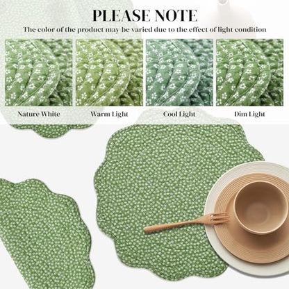 HOMBYS Quilted Placemats Set of 4 Washable Round Placemats for Kitchen Table-100% Cotton Fabric Round Table Mats, (Green with White Flower) - color: Green With White Flower