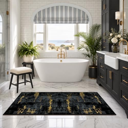 RELEANY Washable Runner 2'x6' Abstract Area Rug for Hallway Black Gold - color: Black/Gold, size: 2' x 6' (Runner)