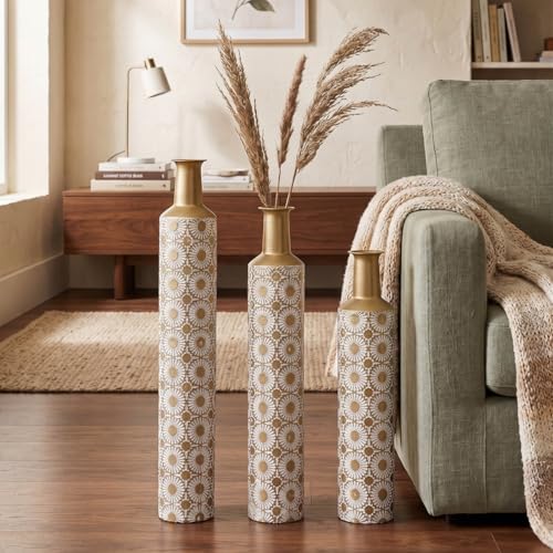 Metal Floor Vases with Embossed Leaf Pattern Set of 3, Tall Gold Decorative Vases for Living Room & Entryway, Large Modern Farmhouse Home Decor for Gold Geometric Floral