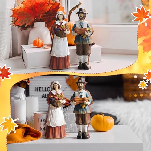 Yuntau 2 Pcs Thanksgiving Decoration Wooden Pilgrim Figurines Couple Statue - style: Wooden Pumpkins Pilgrim