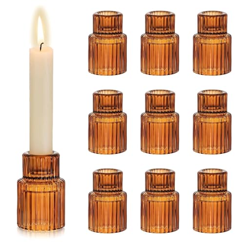 Hewory Glass Candlestick Holders Bulk, 10PCS Amber Taper Candle Holders - color: Amber, size: 10PCS