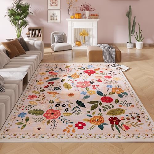 Rugcomf Living Room Rug 5x7 Rug Machine Washable Boho Area Rug Non Slip Floral Vintage Low Pile Large Rugs for Living Room, Bedroom, Farmhouse, Dining Room, Kids Playroom(Beige) - color: Beige, size: 5' x 7' (Rectangular)