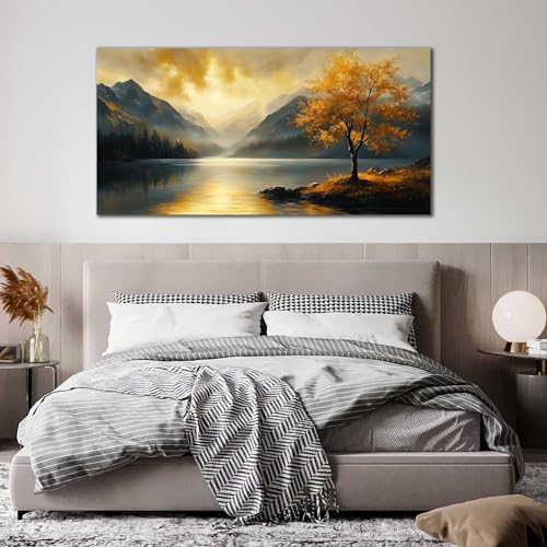 Ouzzlie Tree Wall Art for Gold Canvas Art Living Room - color: Yellow, size: 59"L x 29"W