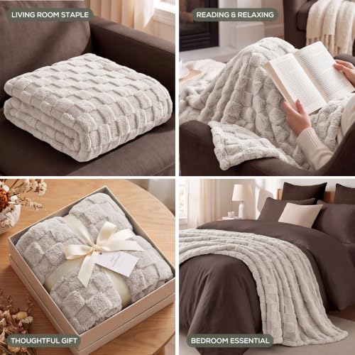 Utopia Bedding Plush Checkered Fleece Blanket Linen King, 90x102 Inches - color: Linen, size: King