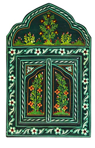 Moroccan Wall Mirror with Doors Hand Painted Arabesque Handmade Decor Small Green