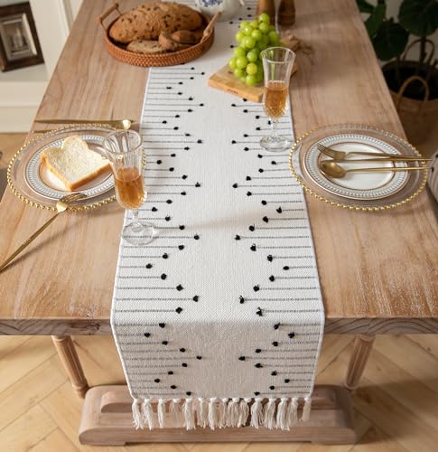 Caflife Black Beige Cotton Linen Rustic Boho Table Runner 13x48 Inch Long - color: Black Beige, size: 13x48Inch