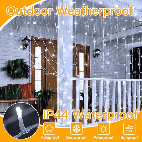 Ollny 300 LED 9.8ftx9.8ft Outdoor Waterproof Christmas Curtain Lights with Remote Timer 8 Modes, USB Powered, Cool White - color: Cool White, size: 300 LED