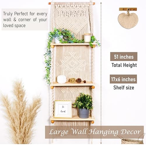 Macrame Wall Hanging Shelf 3 Tier Boho Wall Plant Hanger Shelves, Handmade of Woven Rope Boho Shelves Organizer for Living Room Bathroom Home Storage Floating Plant Rack Bohemian décor - size: Tier 3