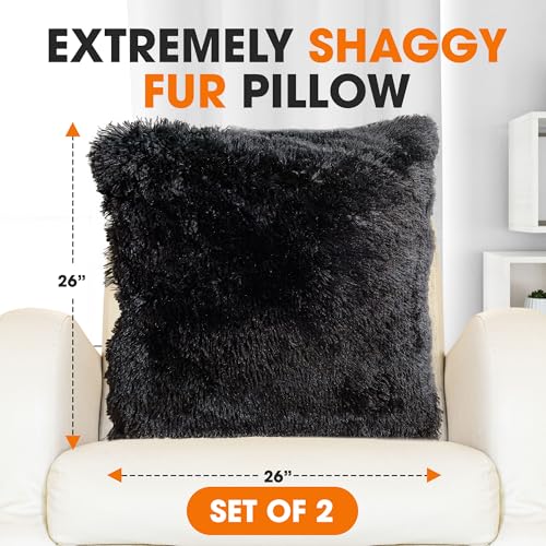 Cheer Collection Throw Pillows for Couch and Bed, Soft Shaggy Throw Pillows with Inserts Included, Cozy Long Hair Faux Fur Pillows - Set of 2-26" x 26" Black - color: Black, size: 26" x 26"