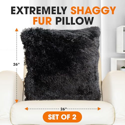 Cheer Collection Throw Pillows for Couch and Bed, Soft Shaggy Throw Pillows with Inserts Included, Cozy Long Hair Faux Fur Pillows - Set of 2-26" x 26" Black - color: Black, size: 26" x 26"